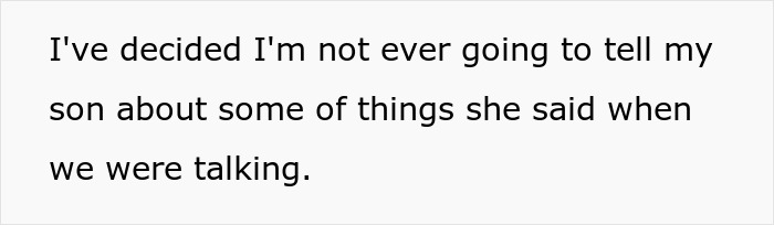 Text on a white background reads the statement about deciding not to tell son what was said during a difficult conversation.