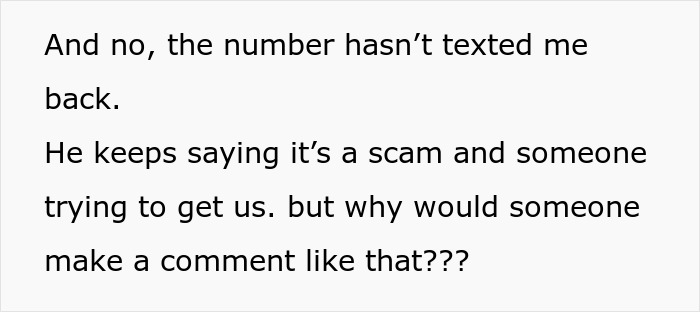 Text message about scam suspicion from fianc&eacute; confuses mom-to-be, prompting concern and second guessing from friends.