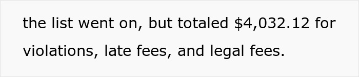 Text showing a total of 4,032.12 dollars for violations, late fees, and legal fees related to HOA follow ups.