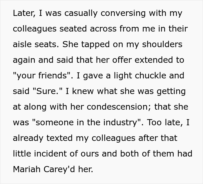 Text on white background describing a lady wanting a passenger's aisle seat and pretending to be asleep to keep it. Text on white background describing a lady wanting a passenger's aisle seat and pretending to be asleep to keep it.