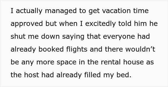 Text excerpt showing a woman upset after boyfriend told friends she couldn&rsquo;t join couples trip without asking her.