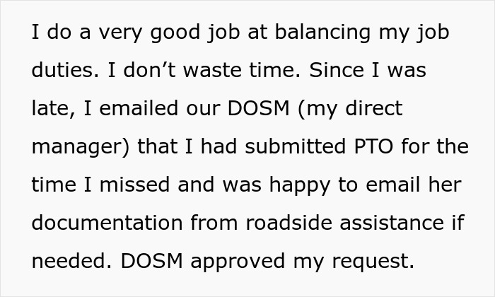 Text excerpt explaining an employee missing work due to a flat tire and communicating with their manager for approval.
