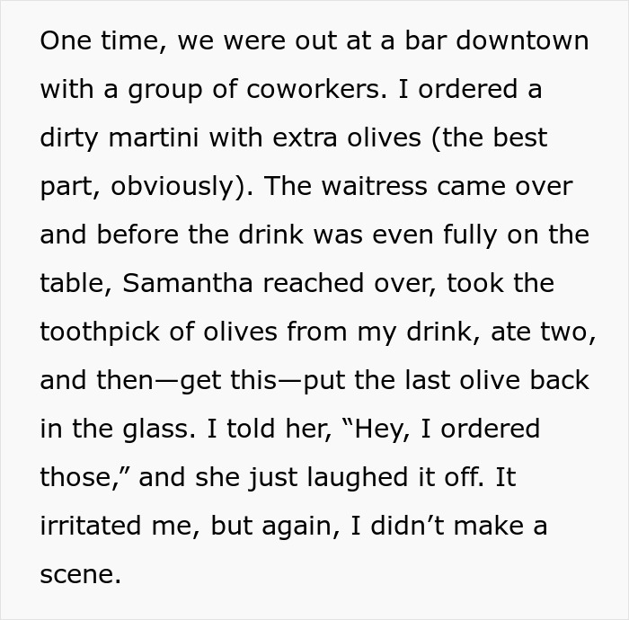 Woman frustrated as coworker repeatedly helps herself to her food and drink, reaching a boiling point on her birthday.