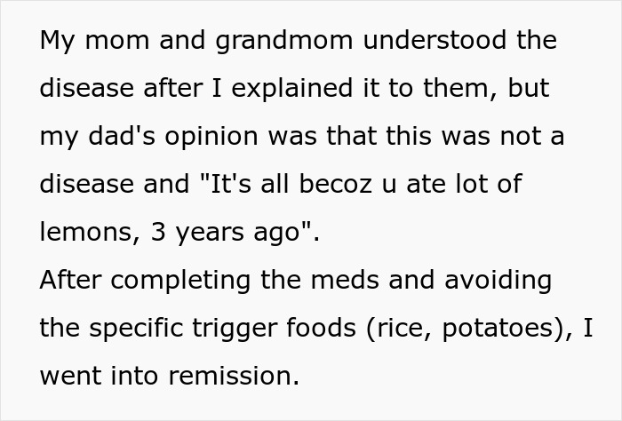 Text discussing a man getting sick after eating food his dad touched, mentioning family opinions and food triggers.