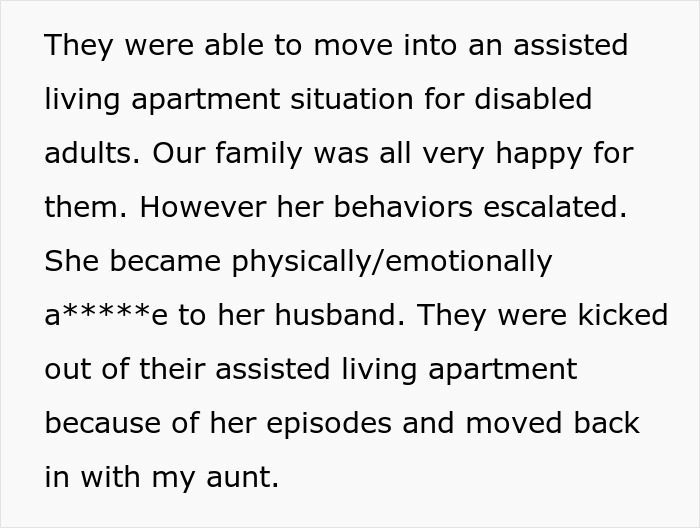 Text discussing a disabled daughter's behavior issues after moving into an assisted living apartment, sparking family conflict.