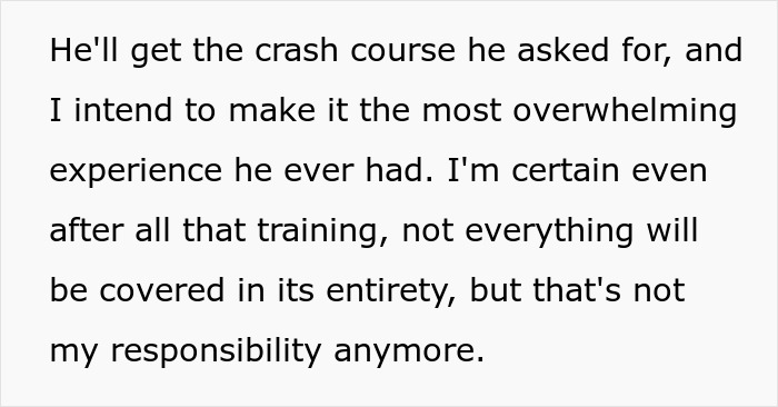 Text screenshot showing a person clapping back with 2 weeks notice after being expected to teach 12 years worth of knowledge before PTO.