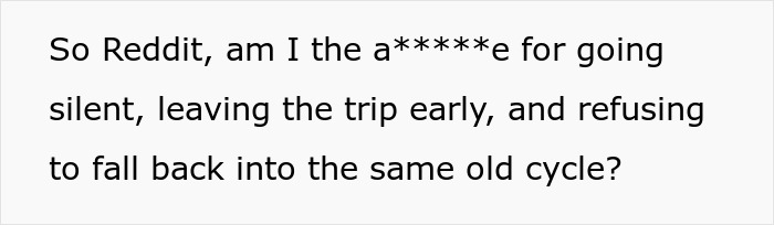 Reddit user asking if leaving early and going silent makes them the a******e during a family vacation with a man-child husband.