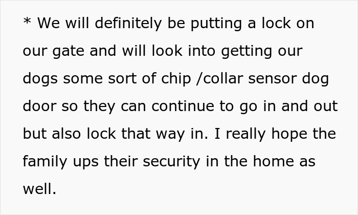 Text discussing plans to enhance home security with locks and sensor dog doors after woman catches neighbor&rsquo;s son in her home.