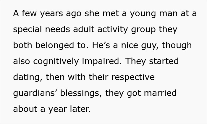 Text describing a disabled daughter encouraged to get pregnant by a lady wanting to be a grandma, causing a family feud.