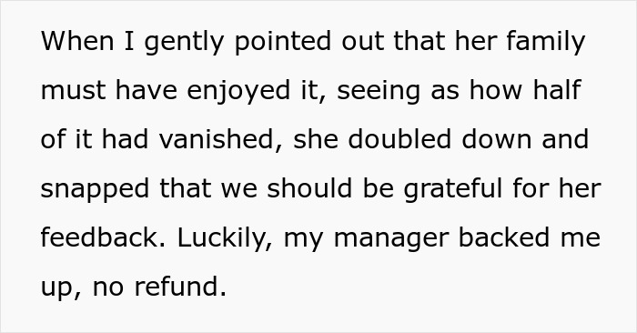 Text excerpt showing a woman demanding a refund for a half-eaten cake and threatening social media roasting the bakery.