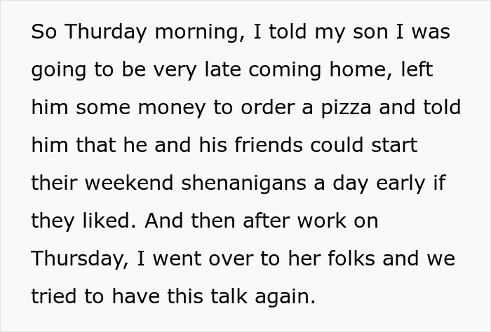 Text excerpt describing a dad supporting his gay son amid family conflict and weekend plans starting early.