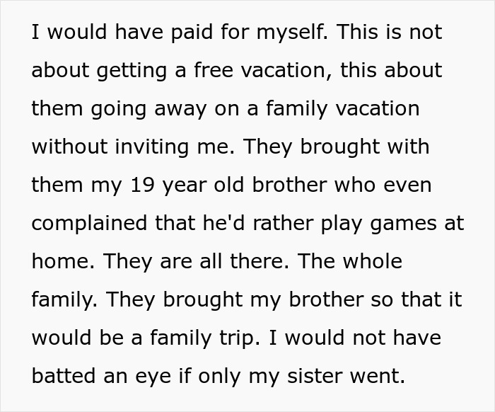 Text excerpt about a woman upset over a family vacation and being excluded from the trip, highlighting family vacation drama.