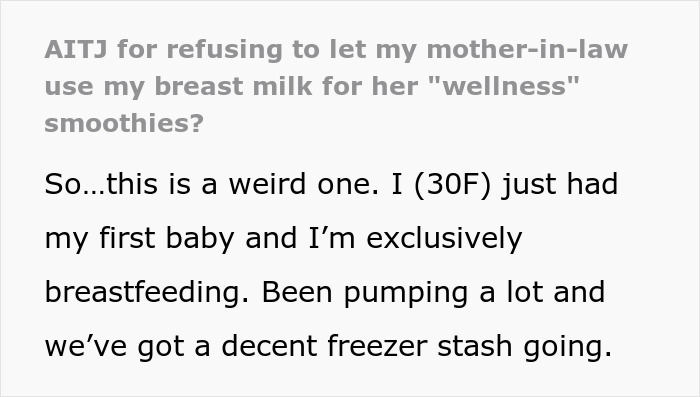 Text excerpt about a mother refusing to let her mother-in-law use breast milk for wellness smoothies, discussing breastfeeding. Text excerpt about a mother refusing to let her mother-in-law use breast milk for wellness smoothies, discussing breastfeeding.