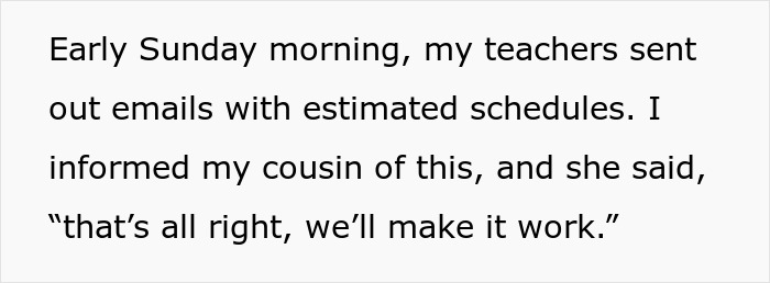 Text showing a story about a woman expecting her cousin to babysit instead of attending school, causing tension.