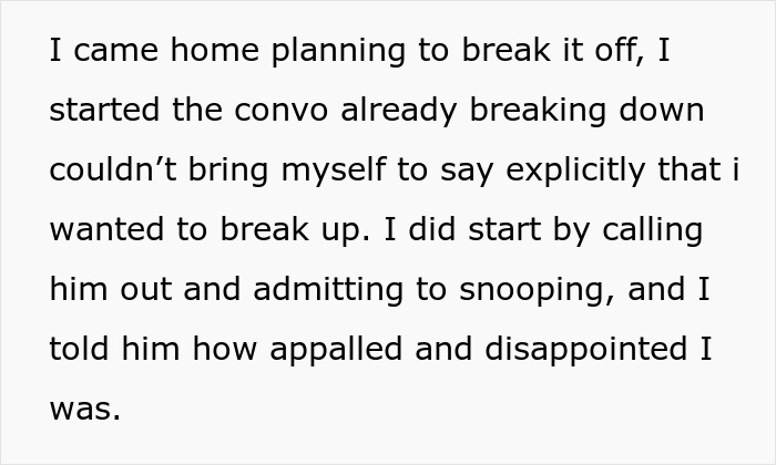 Text excerpt showing a woman admitting to snooping on boyfriend&rsquo;s phone after a jealous freak-out and feeling disappointed.