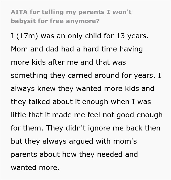 Text excerpt about parents obsessed with having more kids, forcing older son to babysit siblings, and his feelings about it.