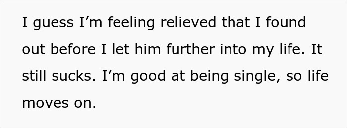 Text expressing relief after discovering a partner was given a cat by another man and ending the relationship. Text expressing relief after discovering a partner was given a cat by another man and ending the relationship.