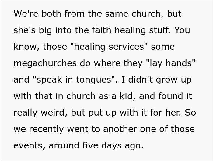 Text excerpt discussing faith healing, church experiences, and spouse's involvement in healing services and speaking in tongues.