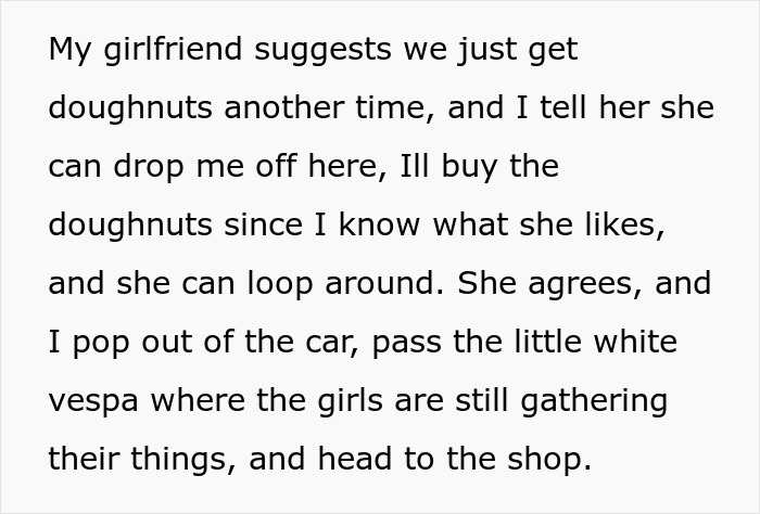 Text describing a couple&rsquo;s parking spot stolen by a lady, leading to a served revenge instead of donuts.