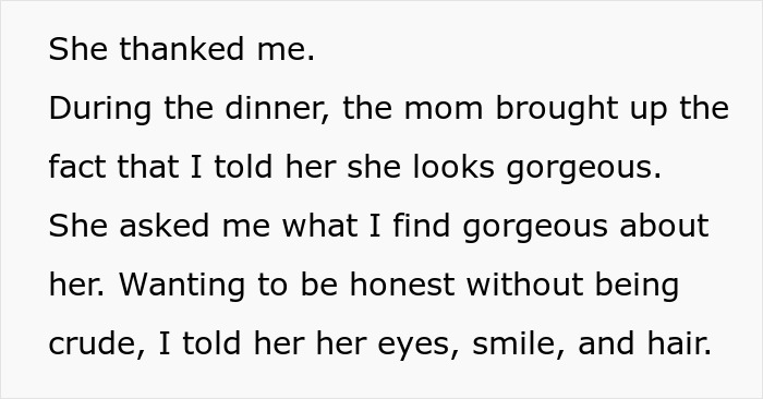 Text excerpt discussing a man&rsquo;s compliment to girlfriend's mom causing a family disagreement and labeled inappropriate behavior.