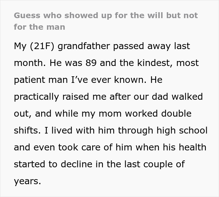 Young woman spends years caring for grandpa, faces challenges from entitled brother's inheritance demands after his passing. - 2
