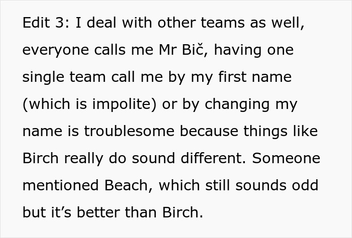 Text excerpt discussing a man refusing to change his surname for American coworkers due to pronunciation issues. - 11