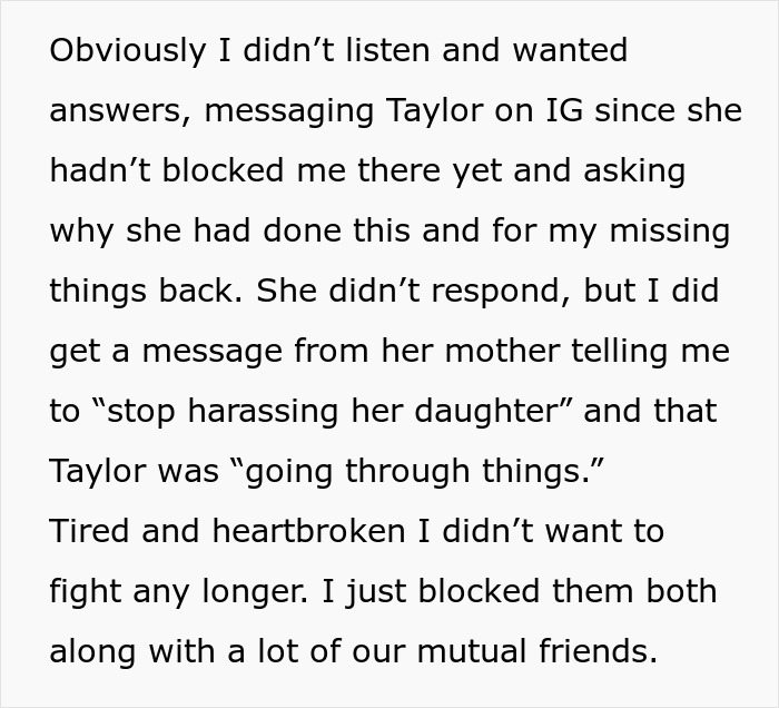 Text message about betrayal and blocking an ex-best friend, illustrating a taste of her own medicine conflict. - 14