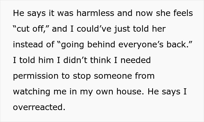 Text excerpt about mom disabling MIL&rsquo;s baby cam access after realizing spying, discussing privacy and boundaries concerns.