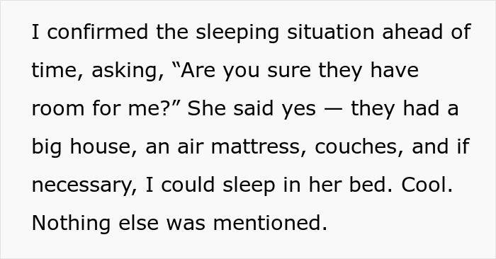 Text discussing confirming sleeping arrangements for a road trip involving a big house and potential babysitting plans. Text discussing confirming sleeping arrangements for a road trip involving a big house and potential babysitting plans.