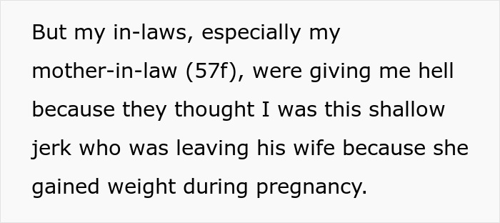 Text excerpt showing a man explaining his in-laws mistakenly think he is divorcing their daughter due to her pregnancy weight gain.
