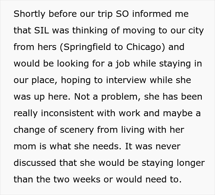 Text excerpt describing a sister-in-law moving temporarily for job interviews, highlighting family tension and inconsistency.