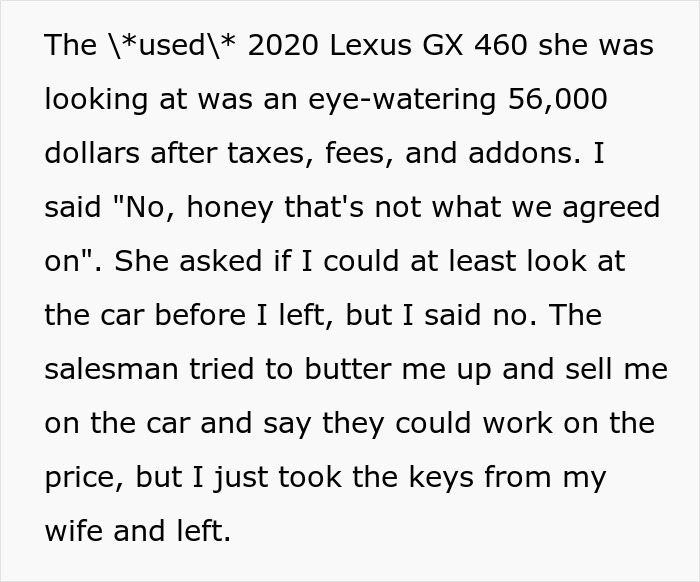 Husband drags wife out of dealership, not giving her a chance to show the car she wants to buy.