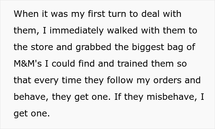 Text excerpt showing a woman’s strategy to train cousin’s kids with rewards while babysitting and managing their behavior. Text excerpt showing a woman’s strategy to train cousin’s kids with rewards while babysitting and managing their behavior.