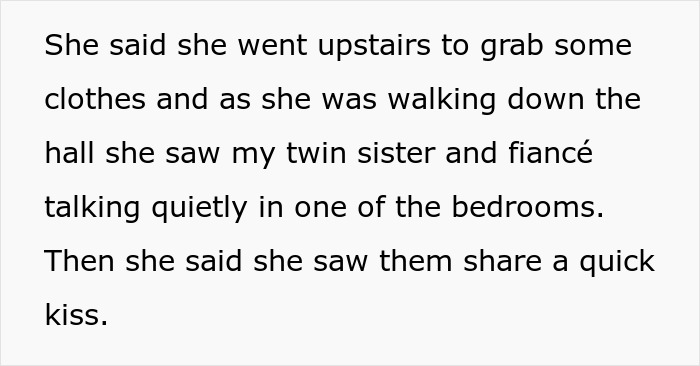 Text excerpt describing a bride discovering her twin sister and fianc&eacute;&rsquo;s secret, revealing betrayal and heartbreak.