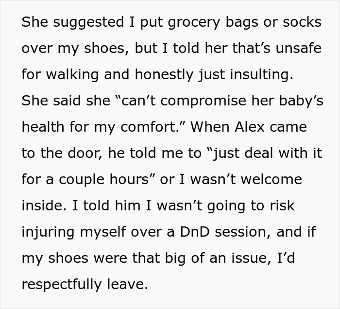 Text excerpt discussing a medical condition preventing shoe removal, causing conflict with friend&rsquo;s wife over house rules.