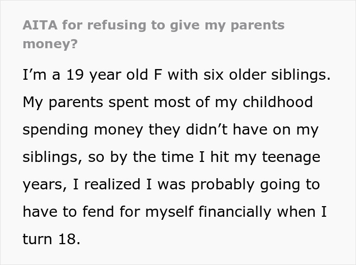 Young woman refusing to hand over her entire savings while parents claim it is rightfully theirs in a family dispute.