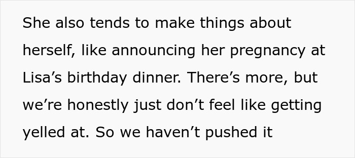 Text excerpt discussing a woman making situations about herself and causing tension among friends during social events.