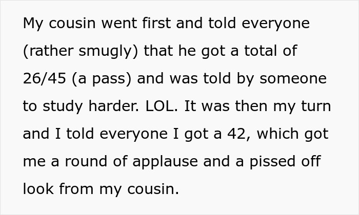 Text excerpt discussing a cousin&rsquo;s test scores and reaction, related to the nephew getting a job and salary funding education.