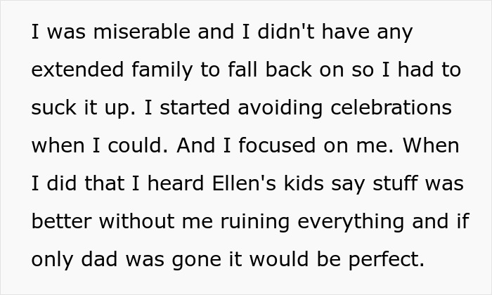Text excerpt describing a 20-year-old refusing family dinner after rejection by stepsiblings and a dad's indifferent reaction.