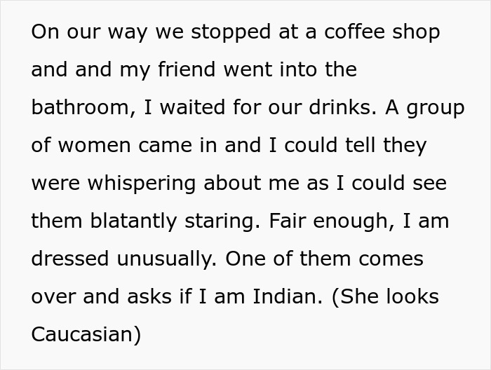 Text excerpt describing a lady in traditional attire being stared at and questioned about cultural appropriation by a group of women.
