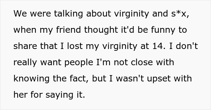 Text excerpt discussing virginity and body count, revealing personal stories about relationships and privacy boundaries. Text excerpt discussing virginity and body count, revealing personal stories about relationships and privacy boundaries.