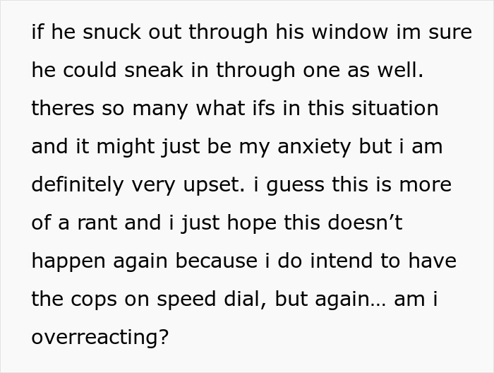 Text snippet expressing anxiety and upset after a woman catches neighbor&rsquo;s son unexpectedly in her home.