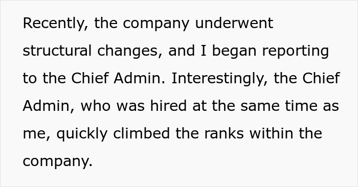 Text excerpt about company structural changes and reporting to Chief Admin during career progression.