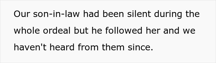 Text on a grey background saying their son-in-law stayed silent and they have not heard from them since the parents forbade a baby under their roof.