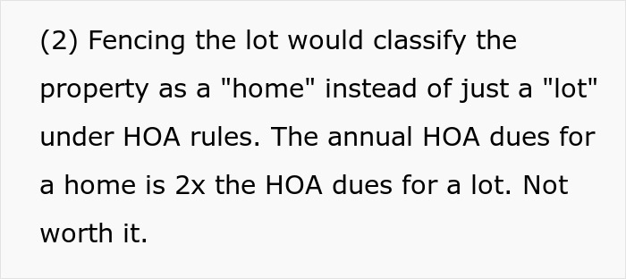 Text excerpt discussing HOA rules about fencing property and annual dues for a home versus a lot.