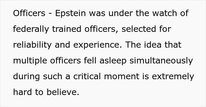Text image showing skepticism about Epstein&rsquo;s death based on the experience of federally trained prison officers.