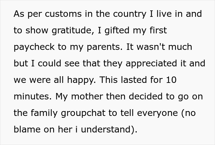 Text about customs of gifting first paycheck to parents and family group chat reactions related to nephew&rsquo;s job and salary.