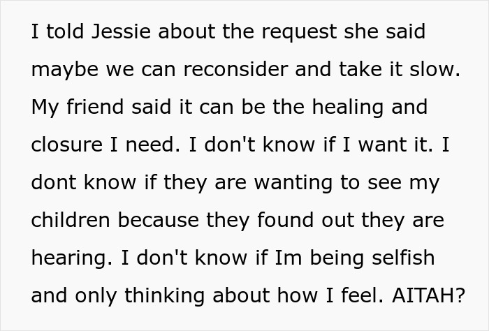 Text discussing a man defending his wife and cutting off his parents, confused about reconnection suggested by her.