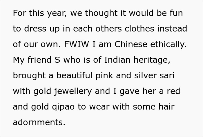 Two friends swapping traditional attire, highlighting cultural appropriation concerns in a cross-cultural clothing exchange.