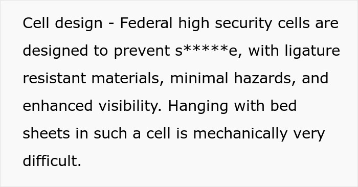 Federal high security prison cell design makes hanging with bed sheets mechanically very difficult, says prison officer experience.